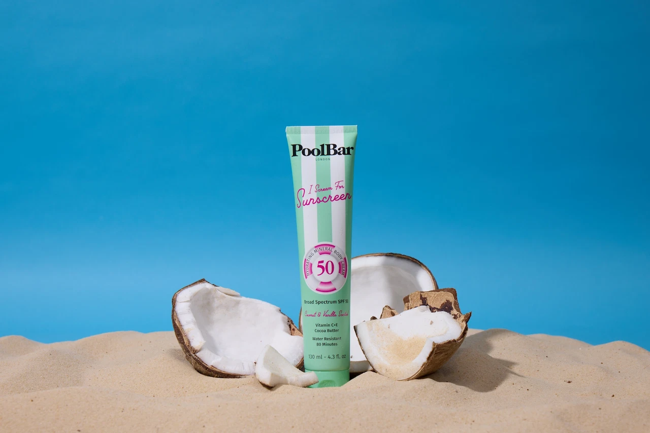 i scream for sunscreen spf 50 coming out of a broken coconut