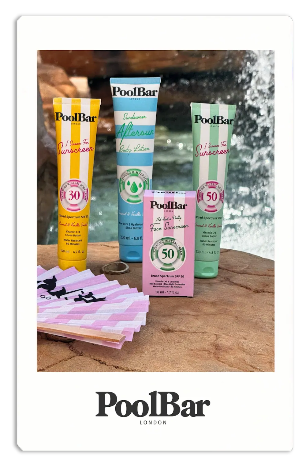poolbar spf products and aftersun polaroid